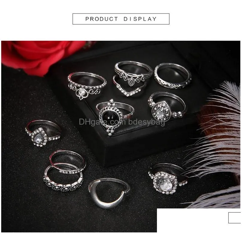 retro knuckles ring set womens girls can stack rings silver full diamond glass crystal moon ring set