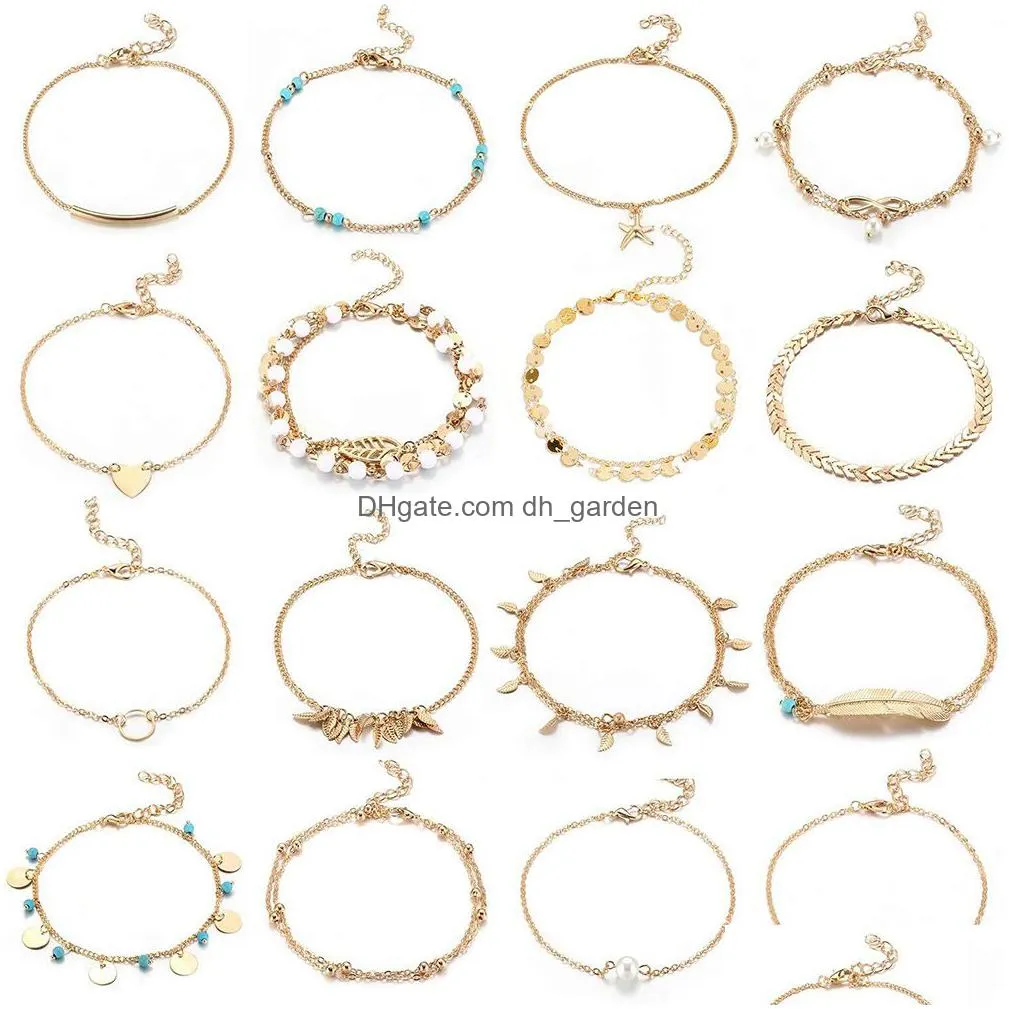 16pcs anklets for women girls blue starfish turtle elephant charm ankle bracelets multilayer foot set jewelry handmade