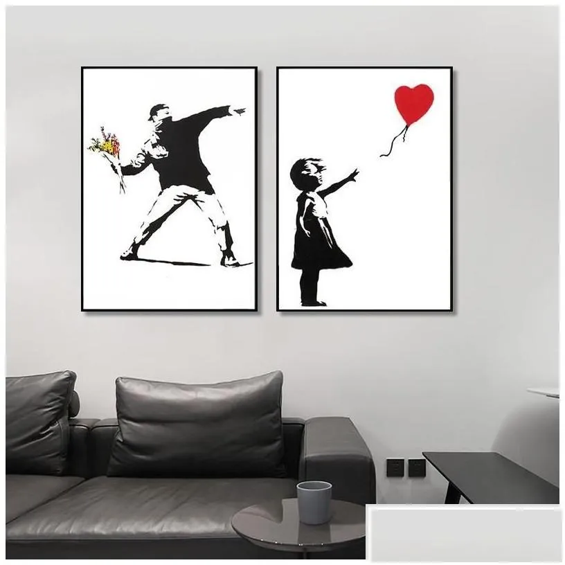 paintings girl with red balloon banksy graffiti art canvas painting black and white wall poster for living room home decor cuadros d