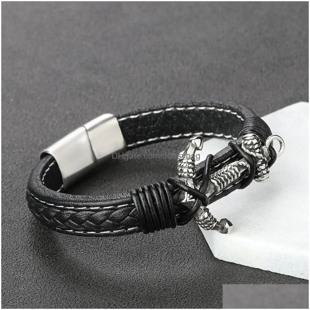 men anchor leather bracelet link multilayer cuff wrapped rope wristband black cord wrist band rope bangle jewelry magnetic clasp