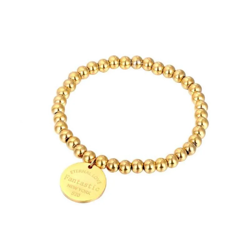 stainless steel ball beads bracelet for women circle tag charm stretch strand bracelet