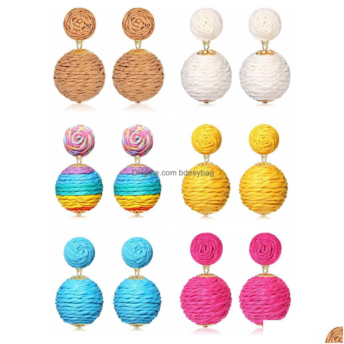 6pcs women rattan earrings stud boho handmade straw raffia drop geometric lantern dangle earring for girls summer beach jewelry