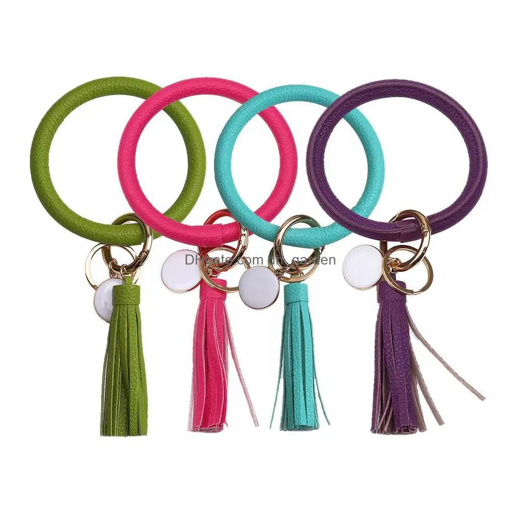 4pcs leather wristlet keychain bracelets charm round key ring large circle tassel chain holder bangle for women girls