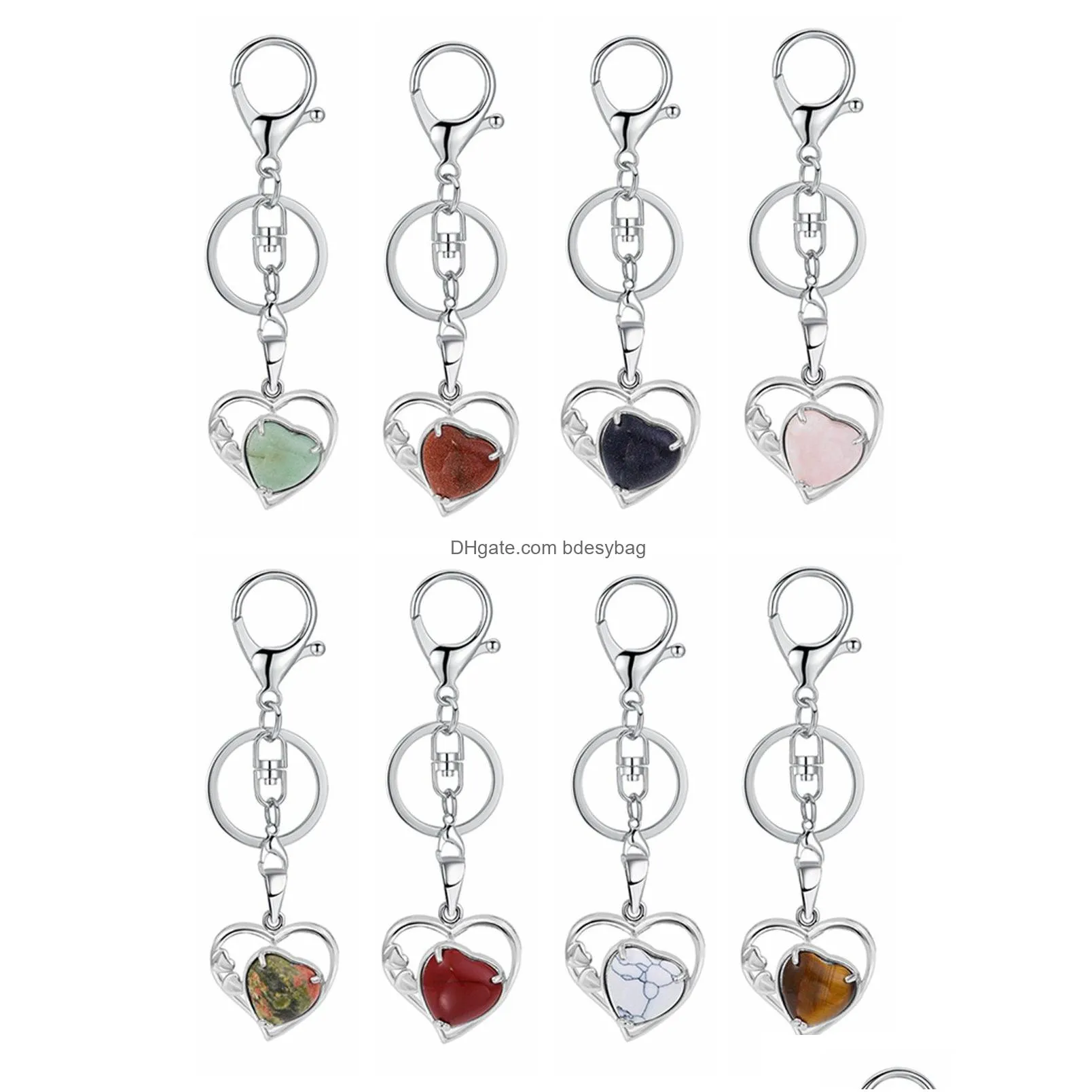 wholesales silver key chain accessories keys natural healing crystal hollow heart stone keychain for bag car key rings