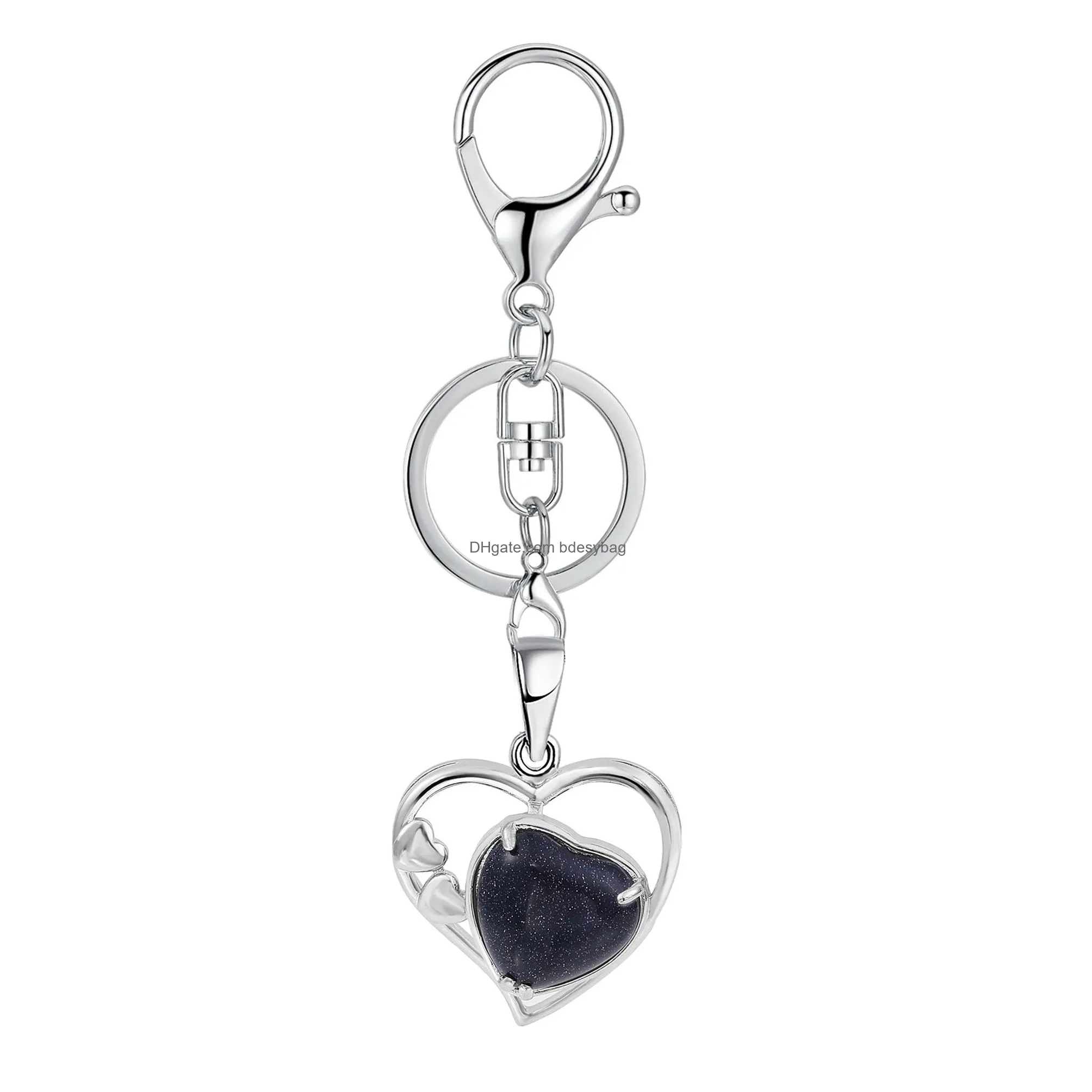 wholesales silver key chain accessories keys natural healing crystal hollow heart stone keychain for bag car key rings