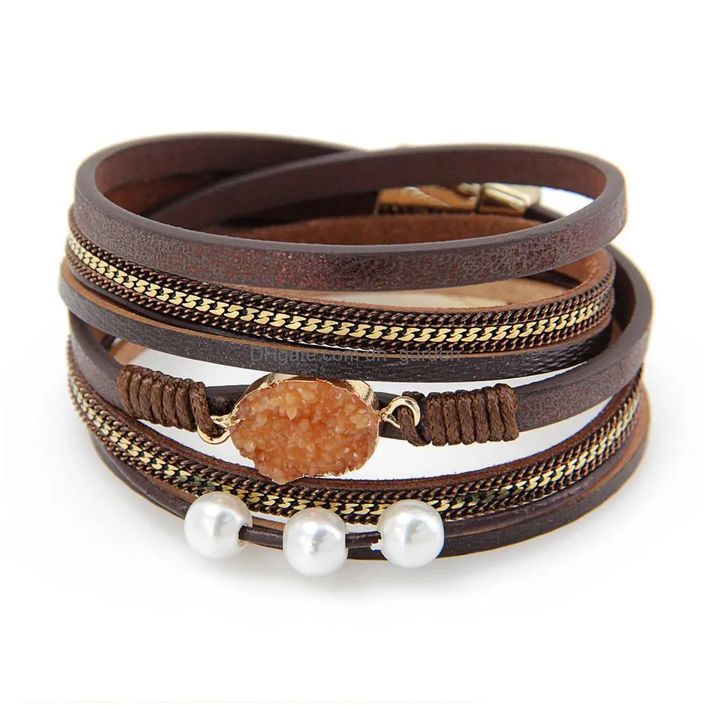 leather wrap tennis bracelet boho cuff crystal and pearl bead bangle with magnetic clasp jewelry gifts for women teen girls