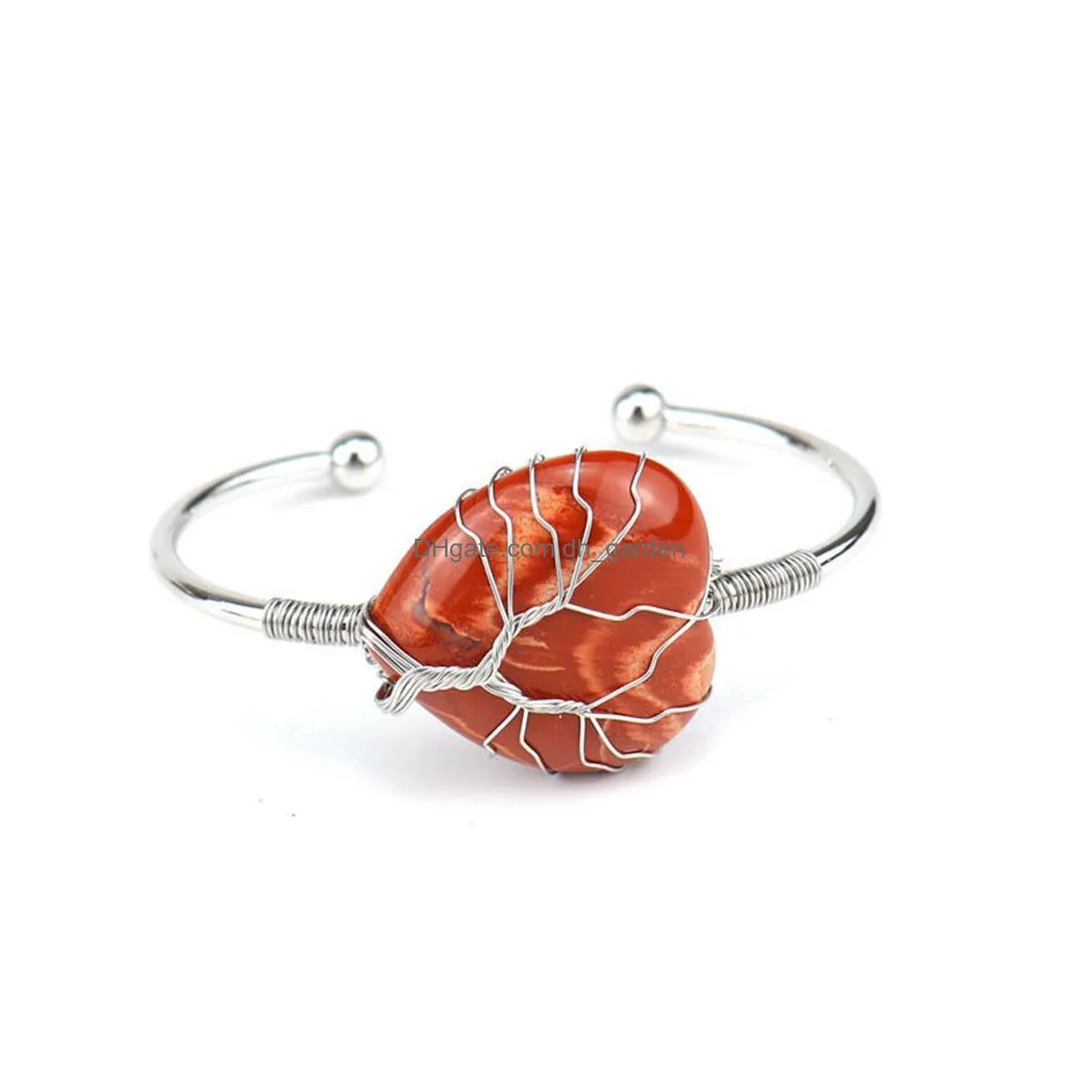 fashion bohemian natural semi precious stone heart cuff bracelet handmade woven lift of tree healing gem chakra prayer friendship bangle faceted jewel