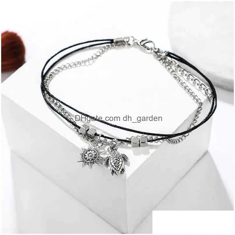 simple geometric turtle sun animal square beaded black wire rope chain anklet female beach honeymoon