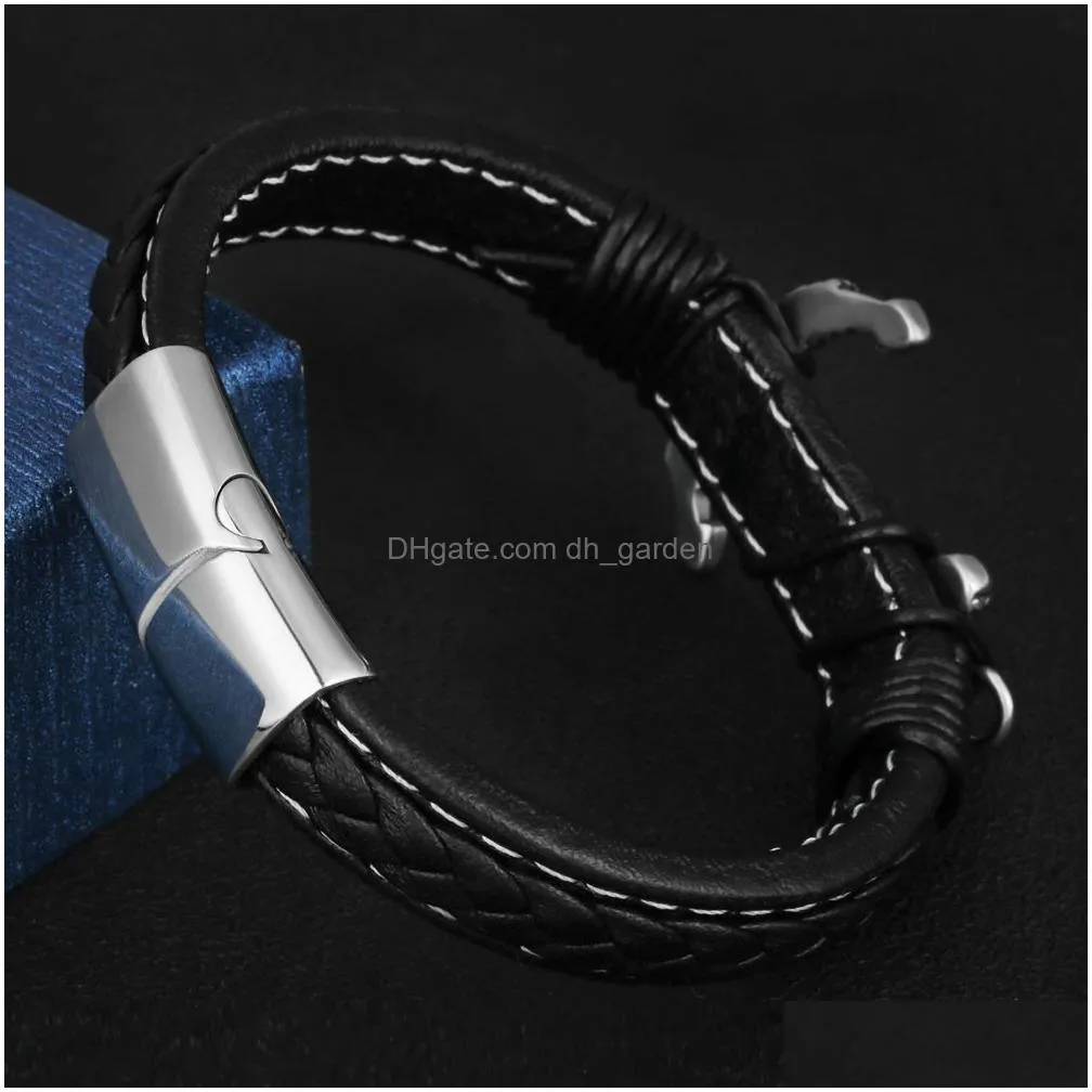 mens vintage anchor leather bracelet link multilayer cuff wrap rope wristband black cord wrist band rope bangle jewelry magnetic