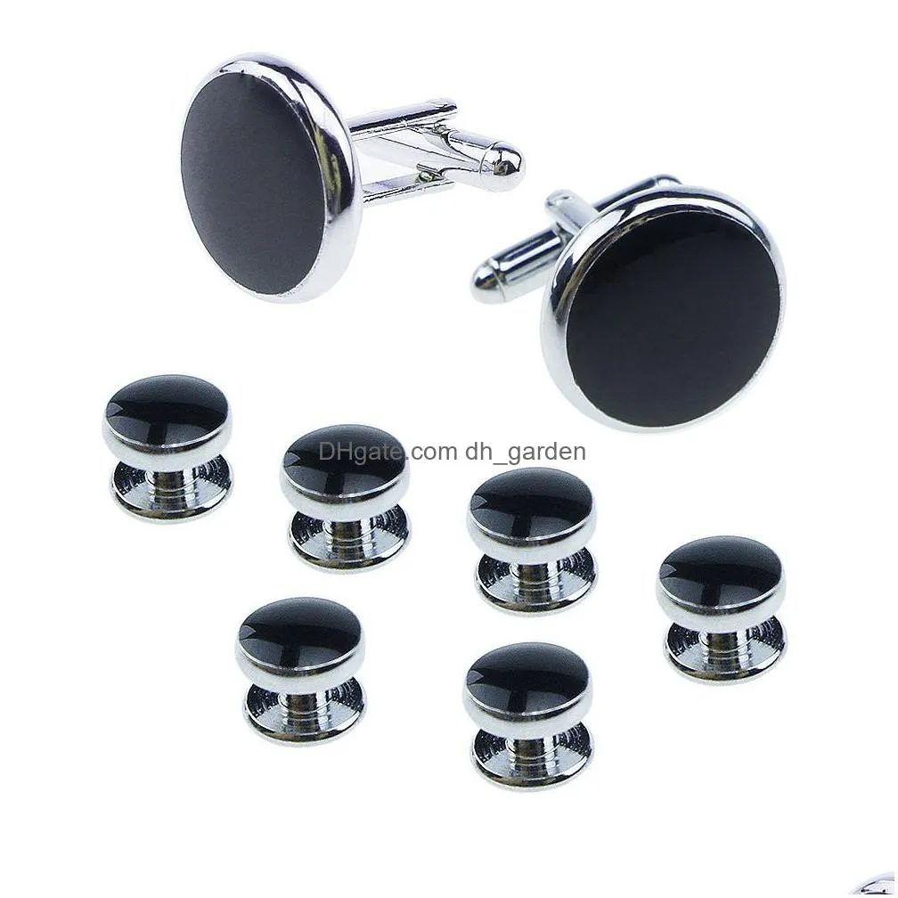 mens cufflinks and studs set tie clasp cuff links shirts classic black silver match for business wedding formal suit imitation rhodium gold