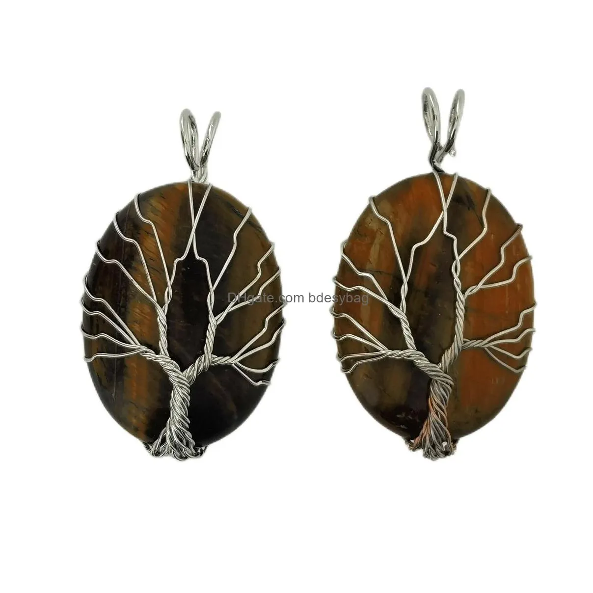 fashion waterdrop crystal necklace wire wrapped tree of life stainless steel natural stone necklace jewelry