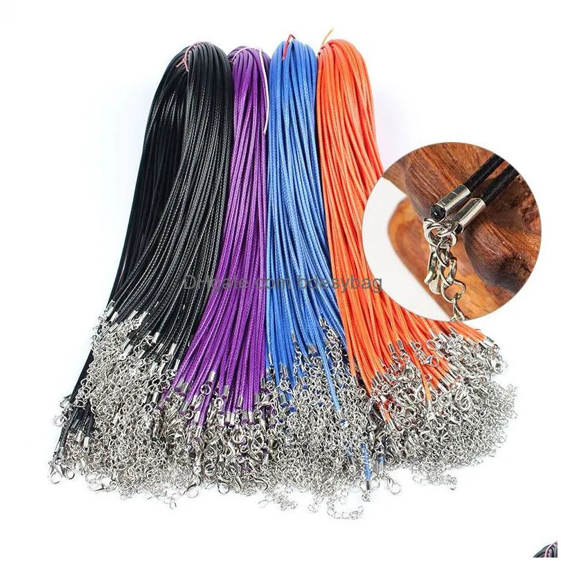 100pcs/lot 18inch braided leather necklace chain cord rope with lobster claw clasp 1.5mm multi color waterproof woven wax chain for pendant diy making