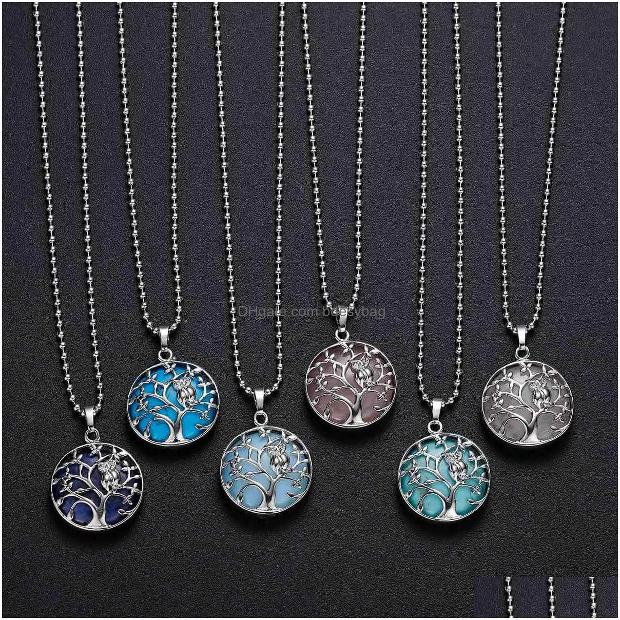 sterling silver owl tree of life gemstone pendant necklace with 18 inch chain round stones pendants for women and men