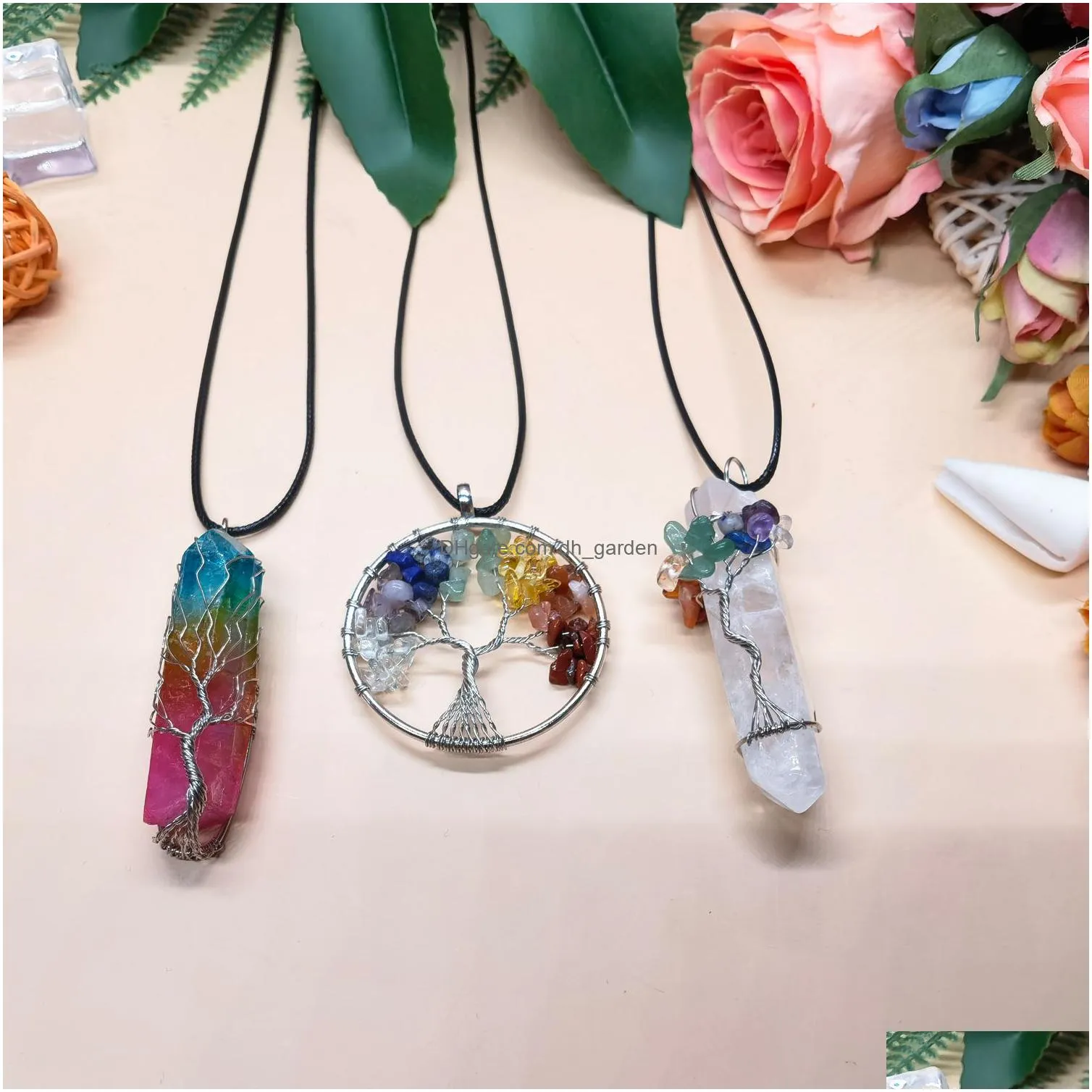 3 pair pendant necklaces tree of life copper wire wound natural quartz aura healing crystal point chakra jewelry gift