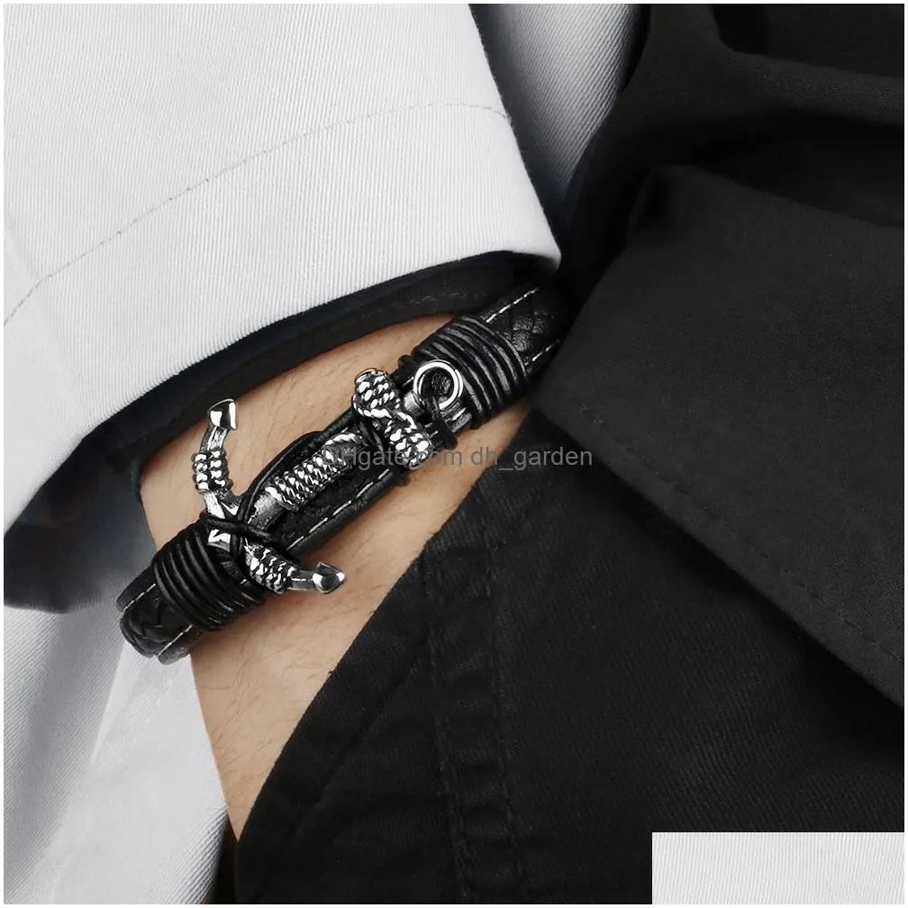 mens vintage anchor leather bracelet link multilayer cuff wrap rope wristband black cord wrist band rope bangle jewelry magnetic