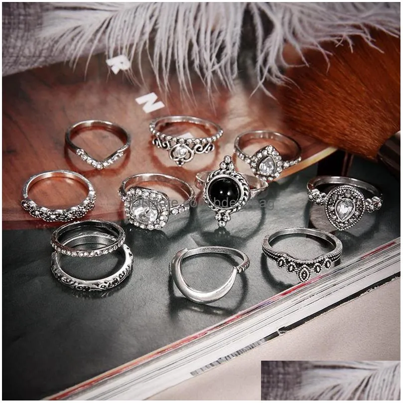 retro knuckles ring set womens girls can stack rings silver full diamond glass crystal moon ring set