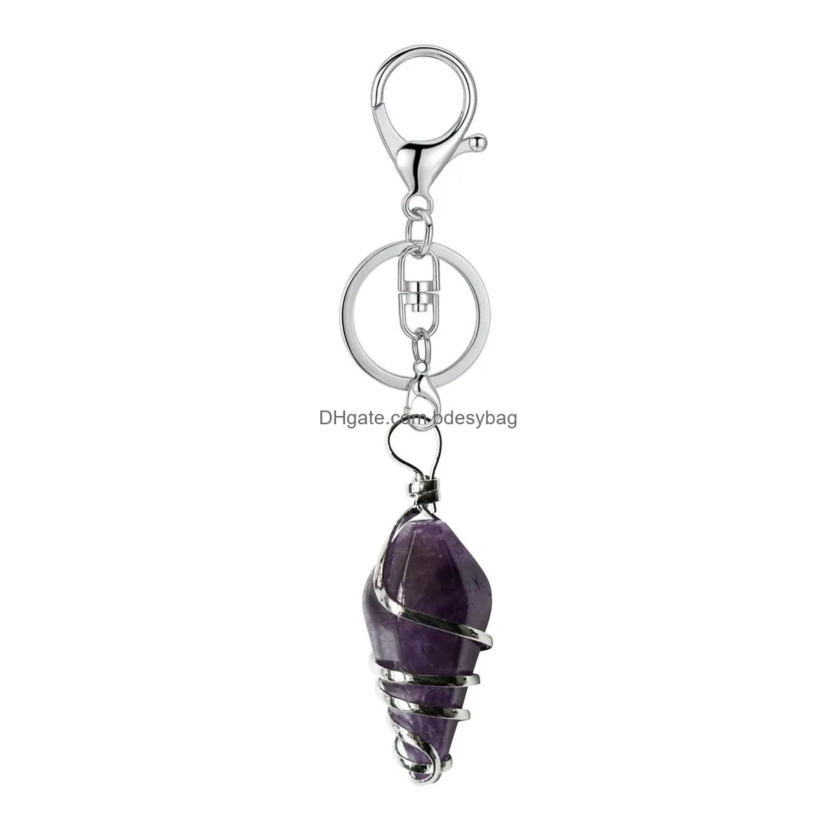 healing crystal cone pendant key ring for bags wire wrapped gemstone pointed keychain real natural reiki quartz stone jewelry for women