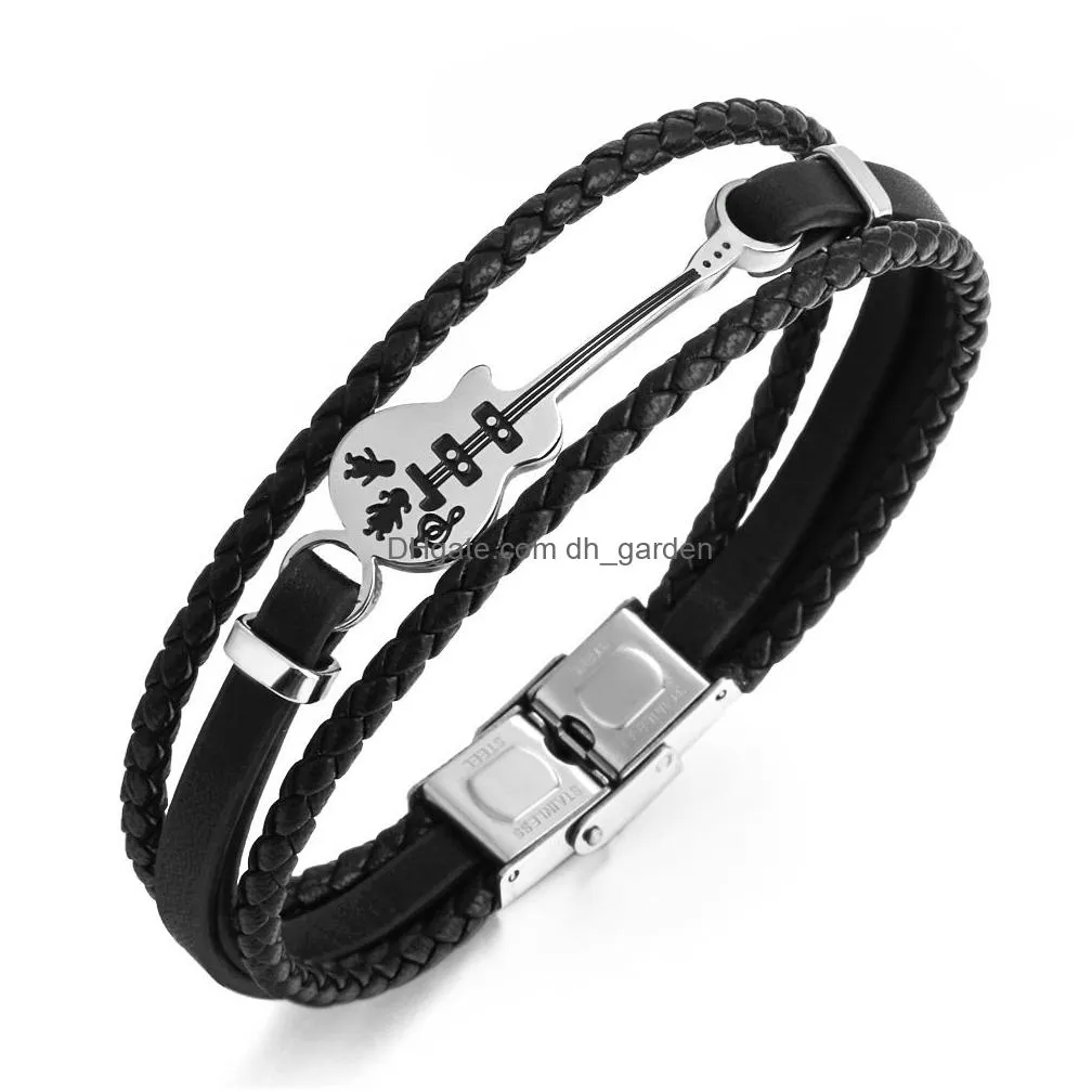 unisex stainless steel genuine leather guitar bracelet link chain handmade braided multilayer wristband musical bracelet for men women music enthusiast