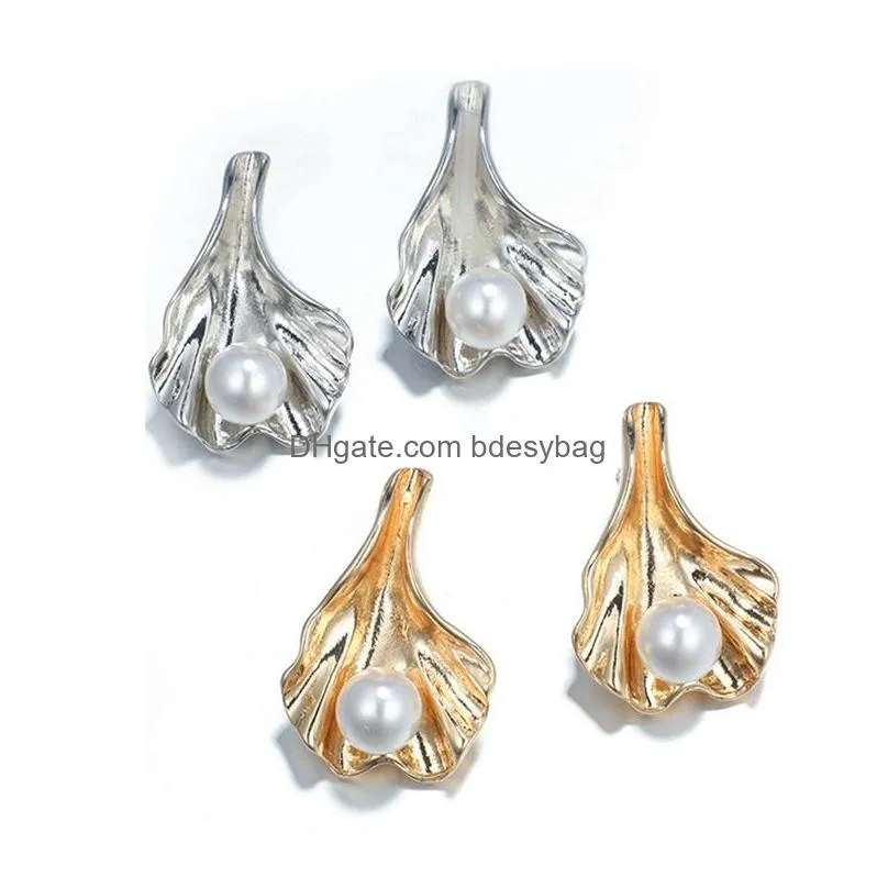 metal pleated shell pearl earrings earrings 1 pearl womens geometric simple temperament pleated shell pearl earrings jewelry