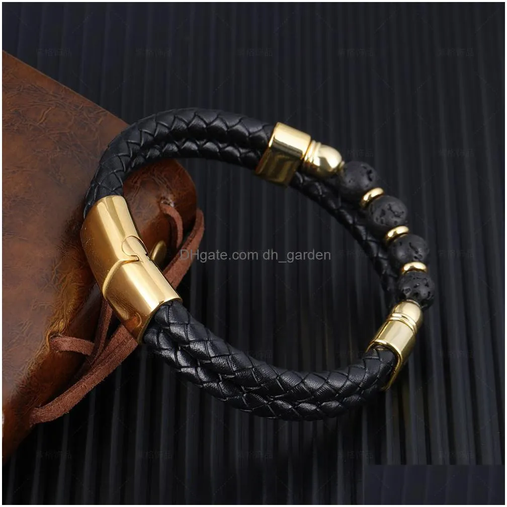 handmade gemstone layered braided leather bracelets for men link chain strand fashion magnetic clasp black cord vintage wrist band rope cuff bangle