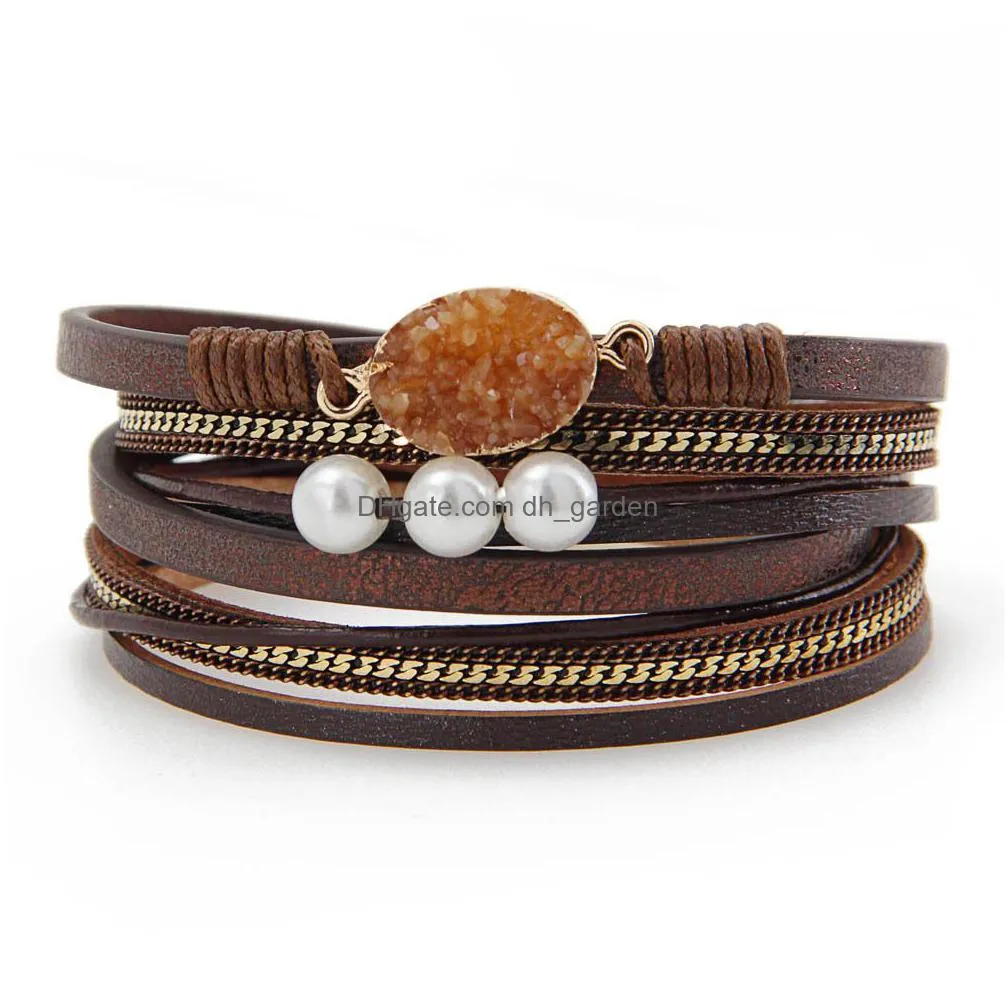 leather wrap tennis bracelet boho cuff crystal and pearl bead bangle with magnetic clasp jewelry gifts for women teen girls