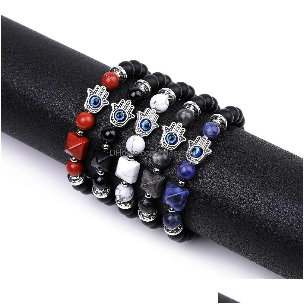 silver hand evil eye healing crystal pyramid beads bracelets for women men strands reiki positive energy gemstone bangle chakra orgone matte onyx