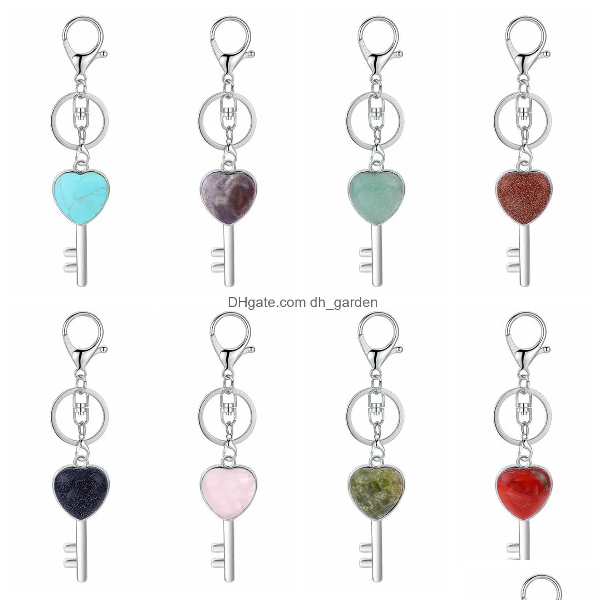 women key shape pendant keychain for bag car natural love heart gemstone lucy lock crystal men healing chakra cute keyring