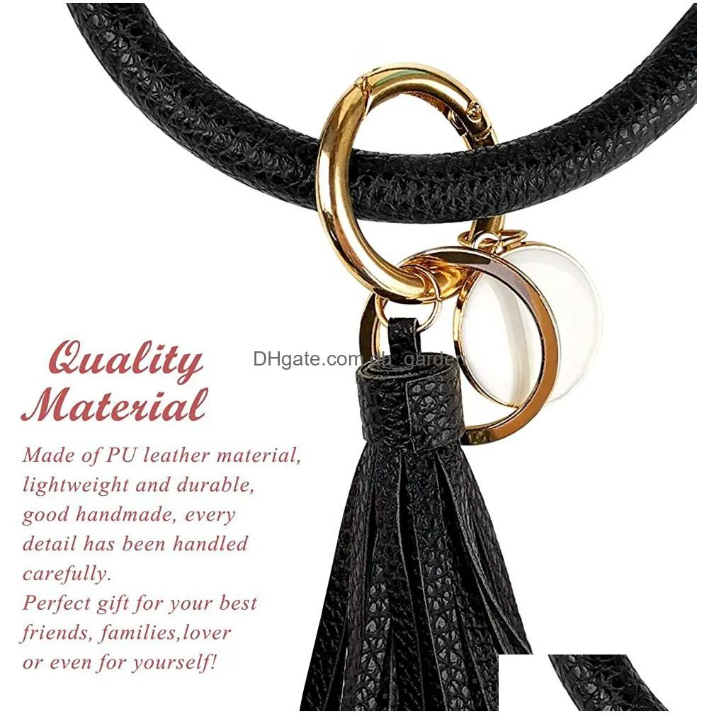 4pcs leather wristlet keychain bracelets charm round key ring large circle tassel chain holder bangle for women girls