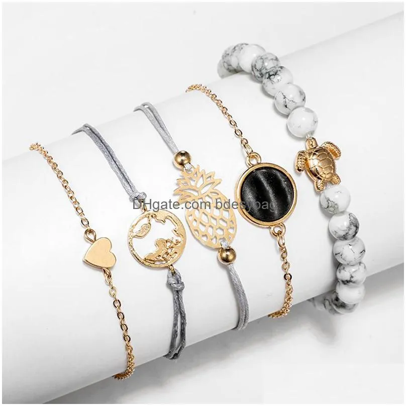 5pcs geometric hollow electric map conch combination layered bracelet set beaded bracelet multiple stackable bracelet jewelry