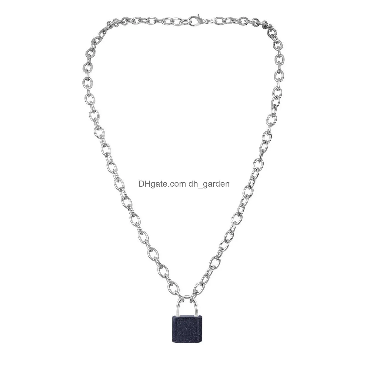women gemstone lock pendant y necklace chunky punk silver chain choker cuban link statement jewelry girls