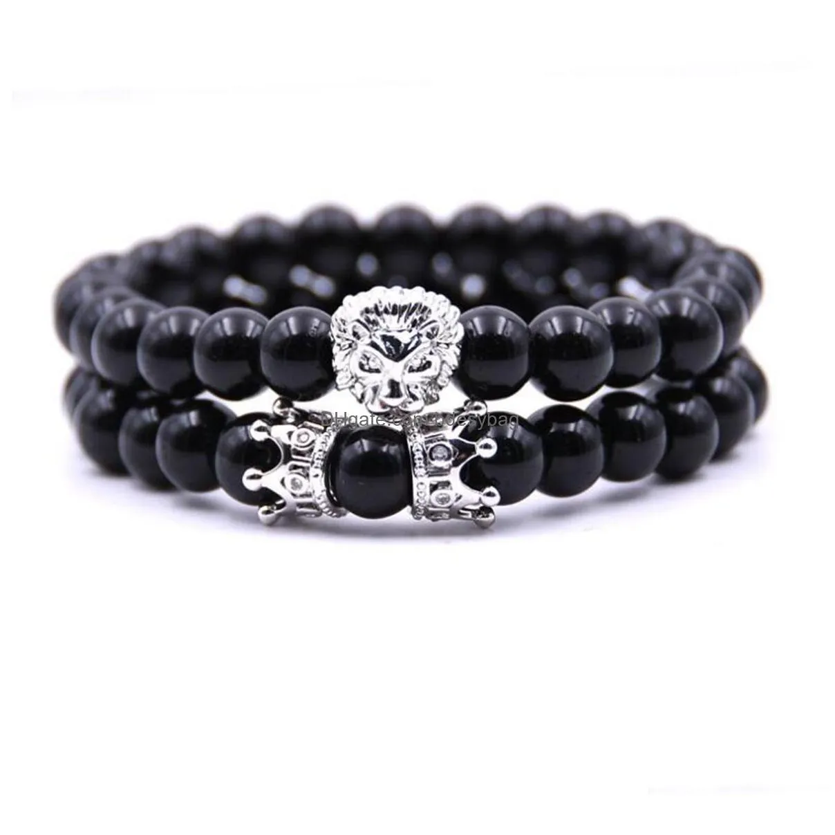 2 pcs/set animal king  head black onyx agate bracelet natural stone crown couple braclet sets for men hand jewelry accessories
