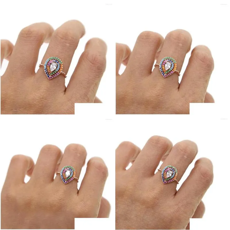 wedding rings rainbow cz tear drop charm adjust chain ring rose gold color 2022 design fashion jewelry promotion