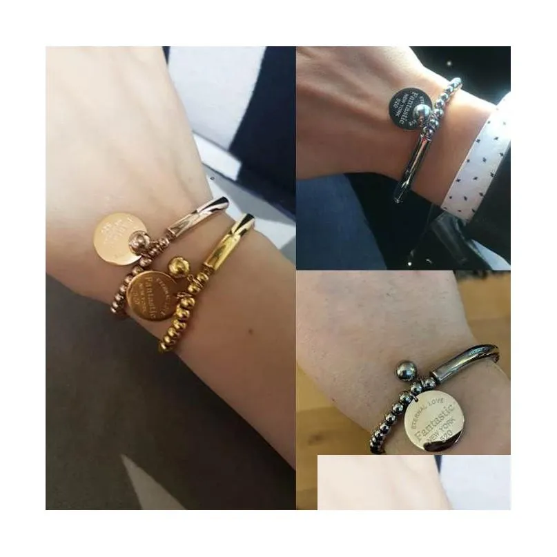stainless steel ball beads bracelet for women circle tag charm stretch strand bracelet