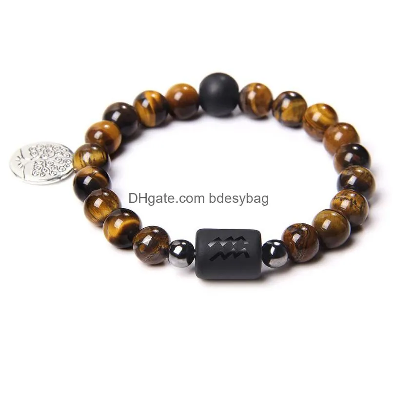 natural stone chakras bead bracelet for men with twelve zodiac signs yellow tiger eye stone elastic bracelet for women