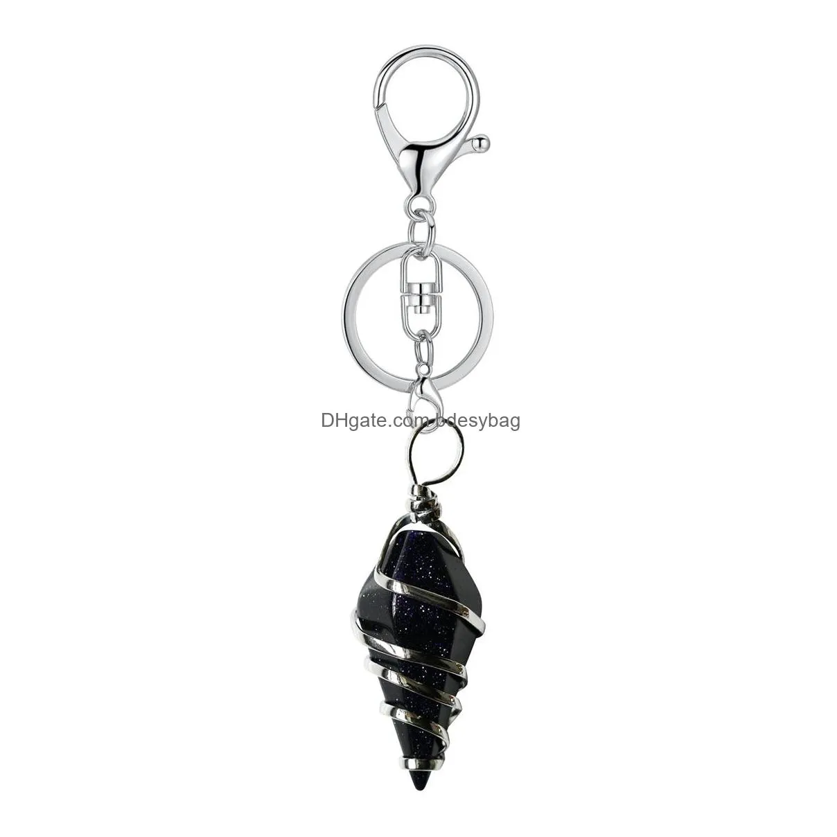 healing crystal cone pendant key ring for bags wire wrapped gemstone pointed keychain real natural reiki quartz stone jewelry for women