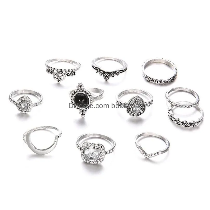 retro knuckles ring set womens girls can stack rings silver full diamond glass crystal moon ring set