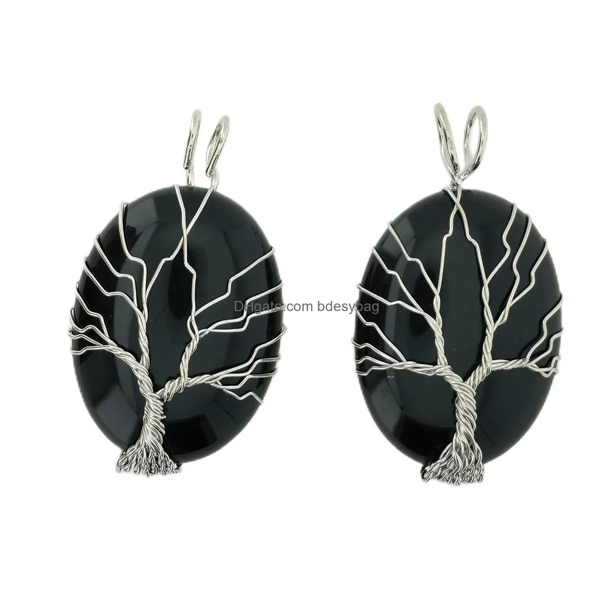 fashion waterdrop crystal necklace wire wrapped tree of life stainless steel natural stone necklace jewelry