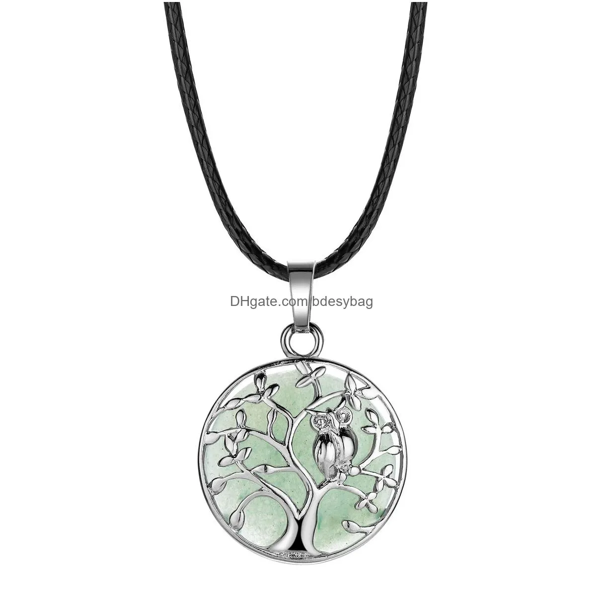 sterling silver owl tree of life gemstone pendant necklace with 18 inch chain round stones pendants for women and men