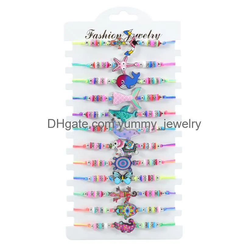 12pc/set starfish whale shark marine animals woven bracelet color childrens hand adjustable braided bracelet set for women
