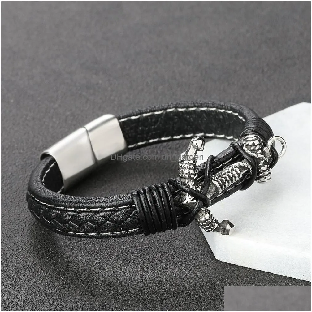 mens vintage anchor leather bracelet link multilayer cuff wrap rope wristband black cord wrist band rope bangle jewelry magnetic