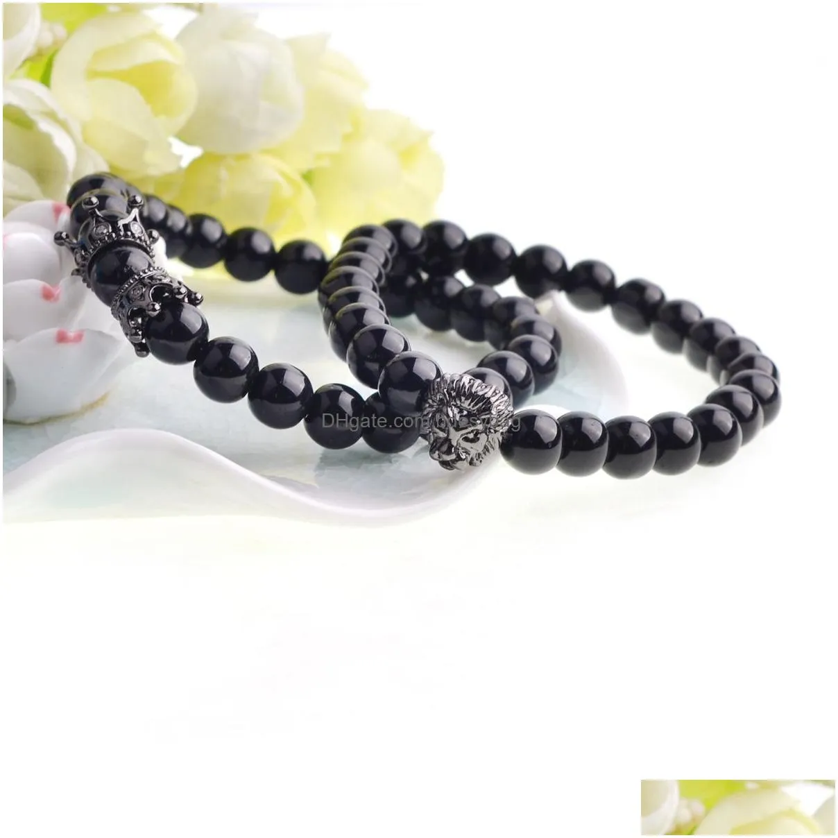 2 pcs/set animal king  head black onyx agate bracelet natural stone crown couple braclet sets for men hand jewelry accessories