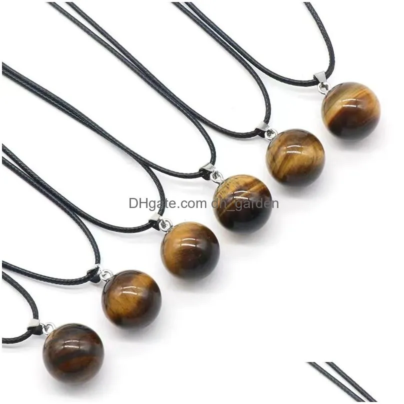 14mm round gemstone pendants necklace natural dangle ball turquoise charms healing chakra stone charm sphere jewelry 45cm black