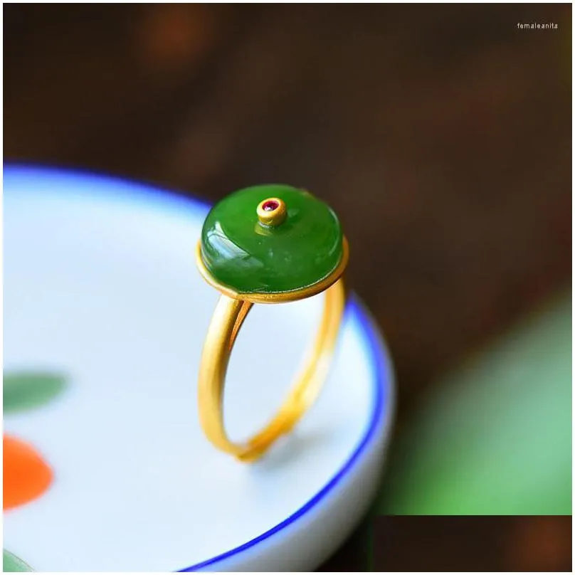 cluster rings original design inlaid natural hetian jade round open adjustable ring simple exquisite charm ladies silver jewelry