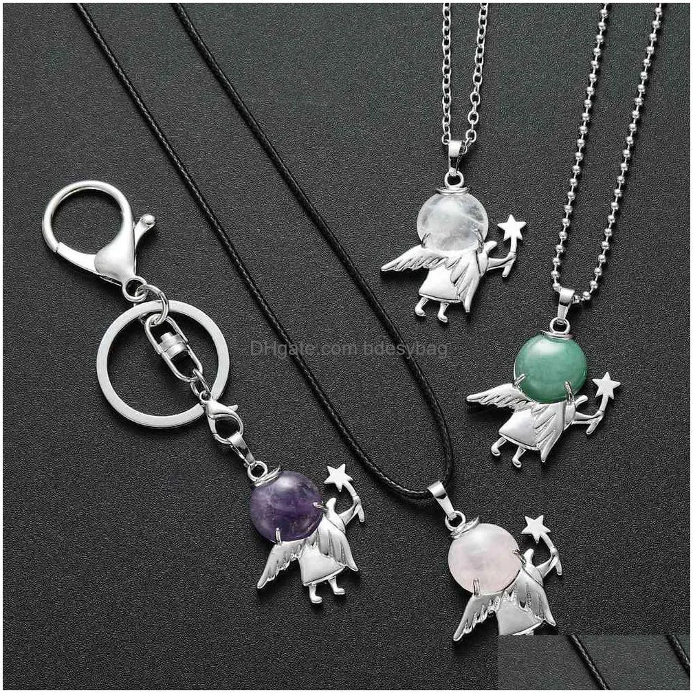12pcs natural stone fairy spirit pendant necklace trends dancer angel angle wings crystal pendants jewelry chocker 18 leather cord