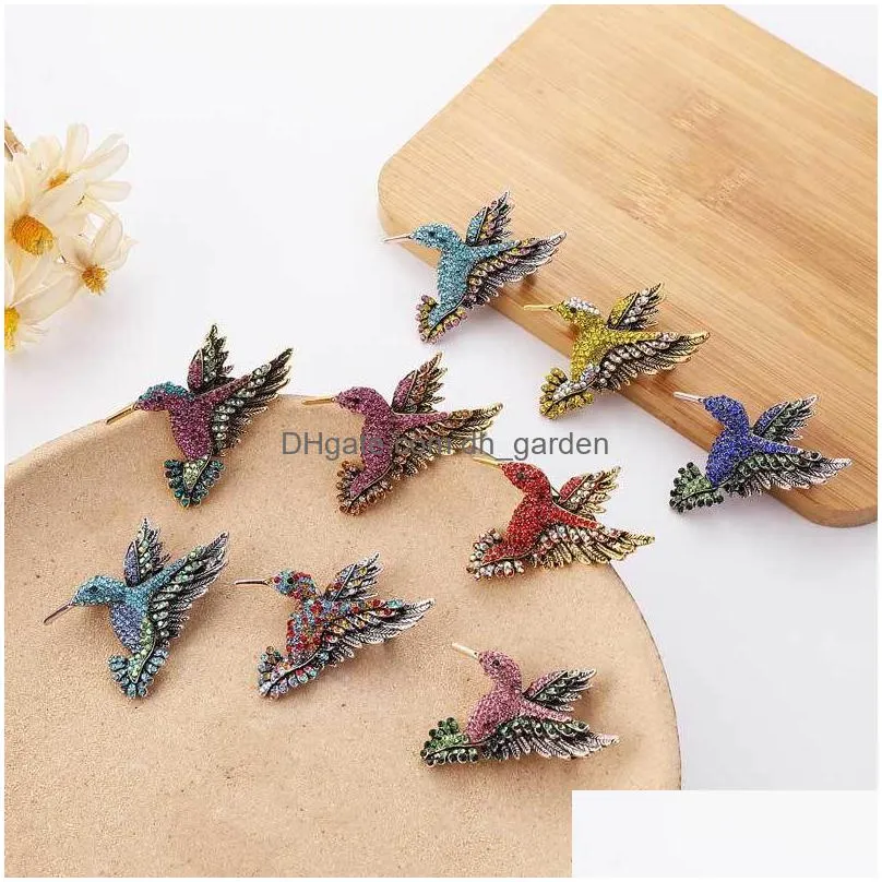 antique tone bird brooches pins hummingbird multi color austrian crystal pin brooch jewelry rhinestone animal brooches clip for women men girl