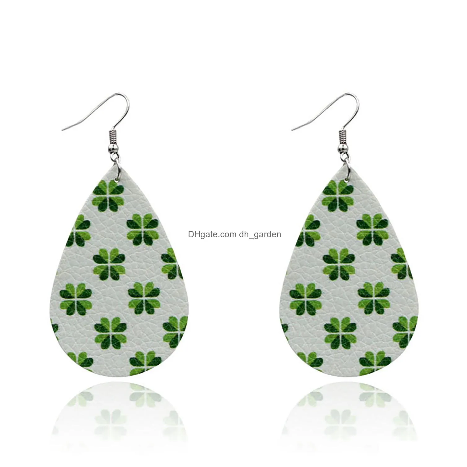 dangle chandelier st. patricks day faux leather earrings irish shamrock stud clover teardrop set for women