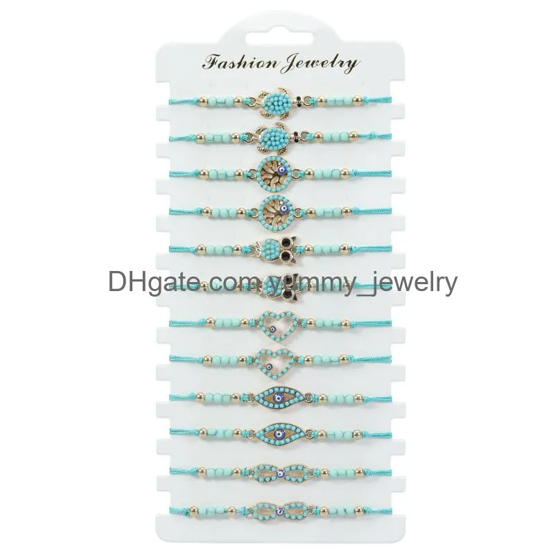 12pc/set green turtles animal owl bracelet with blue beads handmade women men
