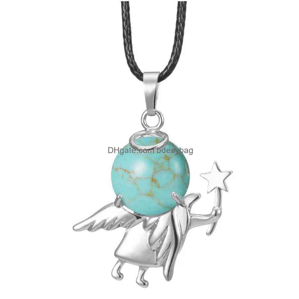 12pcs natural stone fairy spirit pendant necklace trends dancer angel angle wings crystal pendants jewelry chocker 18 leather cord