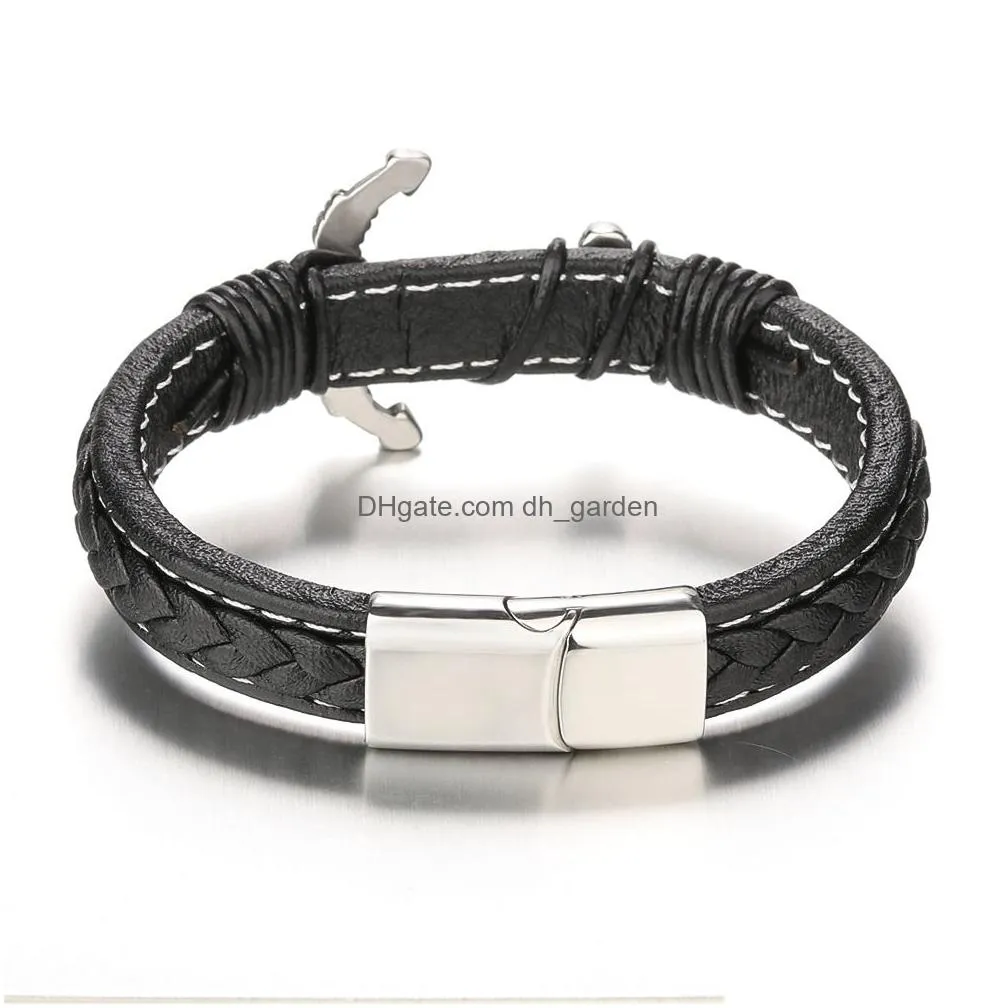 mens vintage anchor leather bracelet link multilayer cuff wrap rope wristband black cord wrist band rope bangle jewelry magnetic