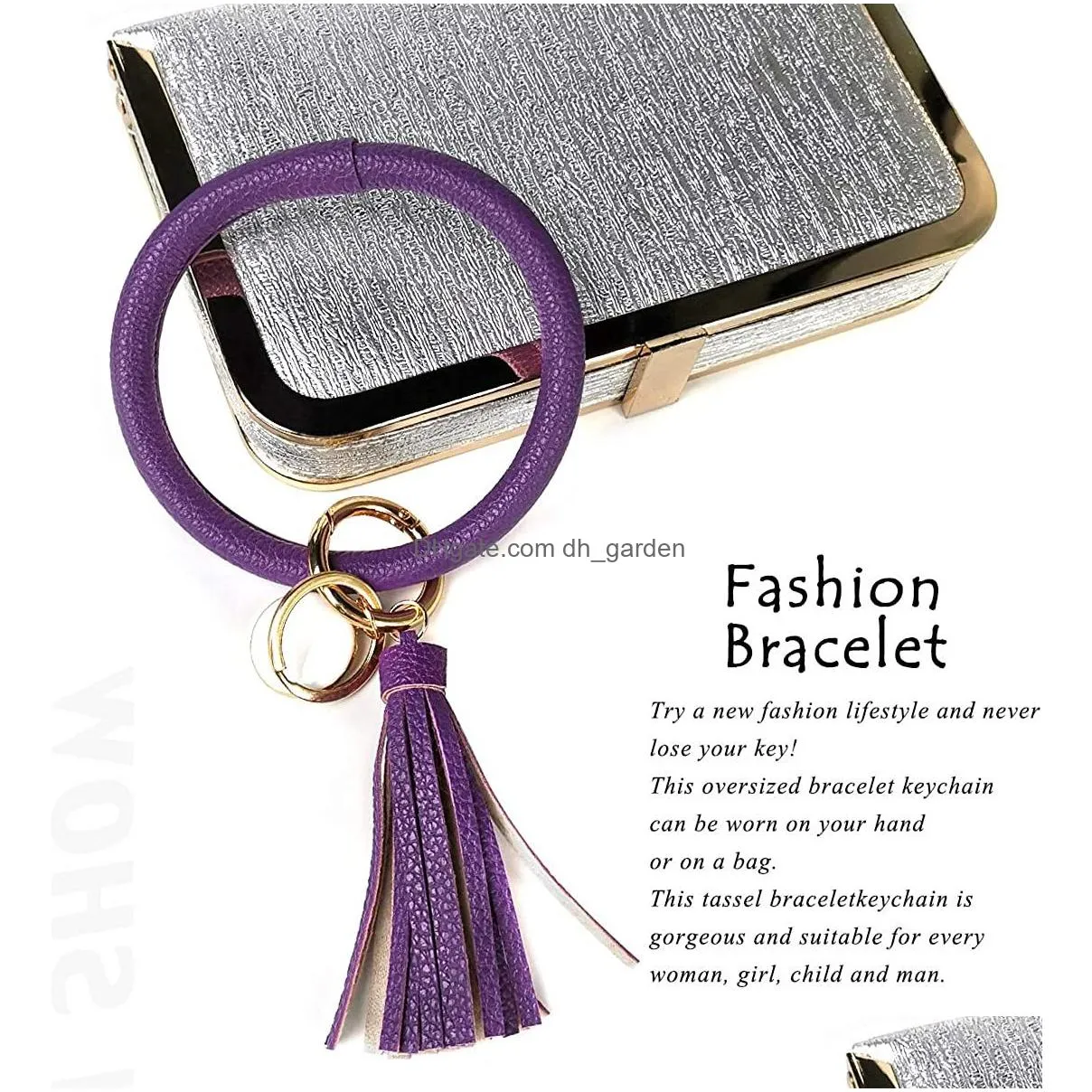 4pcs leather wristlet keychain bracelets charm round key ring large circle tassel chain holder bangle for women girls